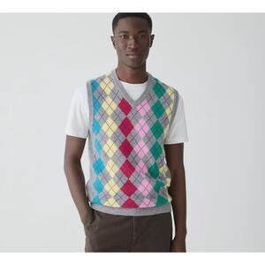 J. Crew 2024 Cashmere Sweater Vest Colorful Argyle Diamond Small Preppy Academia